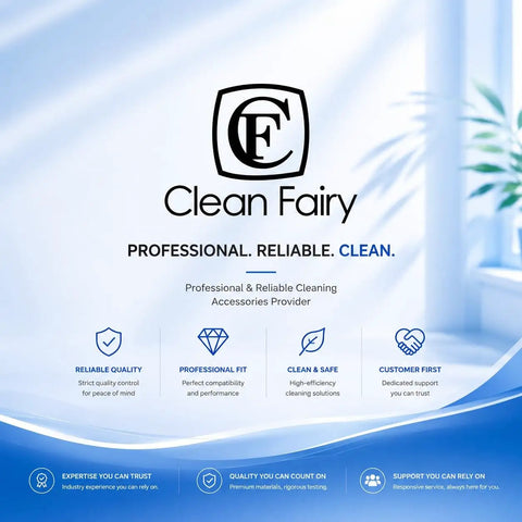 Clean Fairy logo and tagline on blue background with quality assurance icons and features