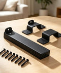 7.5-Inch Slide Bolt Gate Latch Padlockable 7.5-Inch Slide Bolt components on a table, featuring steel latch and mounting brackets.