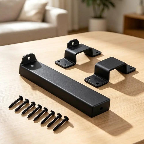 7.5-Inch Slide Bolt Gate Latch Padlockable 7.5-Inch Slide Bolt components on a table, featuring steel latch and mounting brackets.