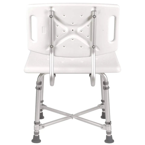Back view of Shower Chair Bath Seat For Tub Or Shower No Frills Adjustable Height, Lightweight Anodized Aluminum Frame With Plastic Seat, White.