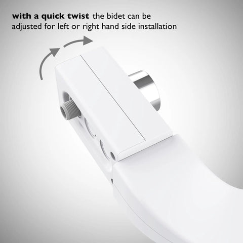 Close-up of Ultra Slim Bidet Attachment With Switchable Left And Right Control And Dual Nozzles For Female And Posterior Cleaning Hinged Design Non Electric No Fuss Easy Install Fits Most Toilets Off White showing adjustable control feature.