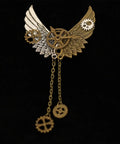 Cool Retro Vintage Industrial Gears Punk Brooch For Men And Women Distressed Bronze Mechanical Lapel Pin with bird and chains.