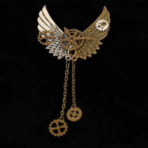 Cool Retro Vintage Industrial Gears Punk Brooch For Men And Women Distressed Bronze Mechanical Lapel Pin with bird and chains.