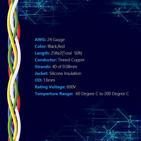 Specifications of Six Color 24 AWG Stranded Hook Up Wire Kit 25 Ft Spools Each Flexible Silicone Insulated Tinned Copper Wire