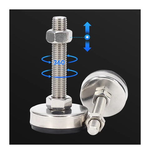 Four Pack Adjustable Stainless Steel Furniture Feet With Universal M8 M10 M12 M14 Threads and Grippy Rubber Base Glides on black background.
