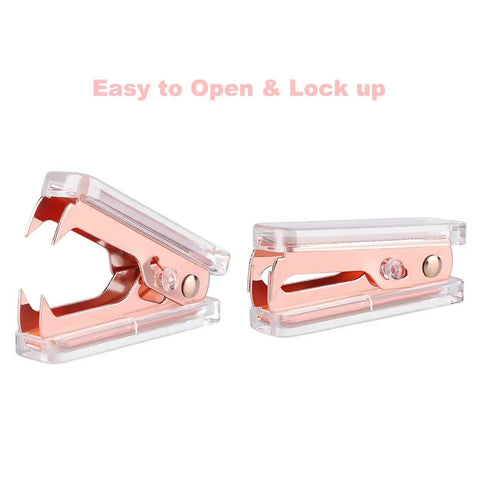 Two Pack Rose Gold and Gold Staple Remover Set, Luxe Acrylic Office Tools, showing open and locked positions on white background.
