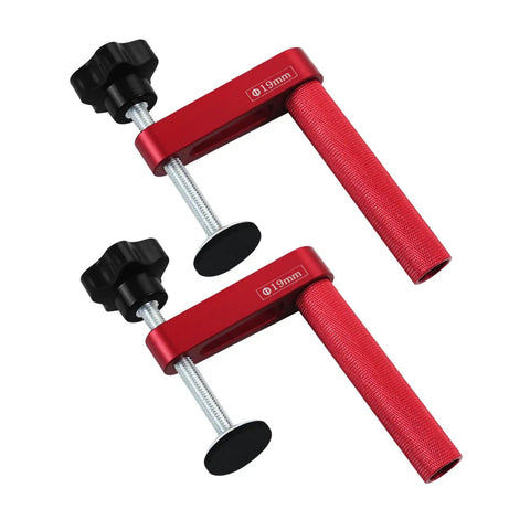 Rock Solid Aluminum Holdfasts For 19mm And 20mm Dog Holes Providing Secure Wood Gripping, red clamps with black knobs