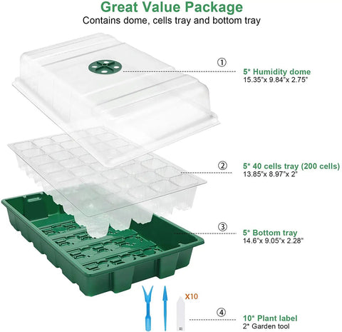 Seed Starter Tray 5 Pack Seedling Propagator Kit With Humidity Vented Domes And Base For Seed Starting 40 Cells Per Tray Total 200 Cells Greenhouse Grow Kit packaging