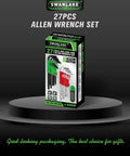 27 Piece Long Arm Allen Wrench Set With Ball End Hex Keys, Beefy T Handle Design box on display pedestal