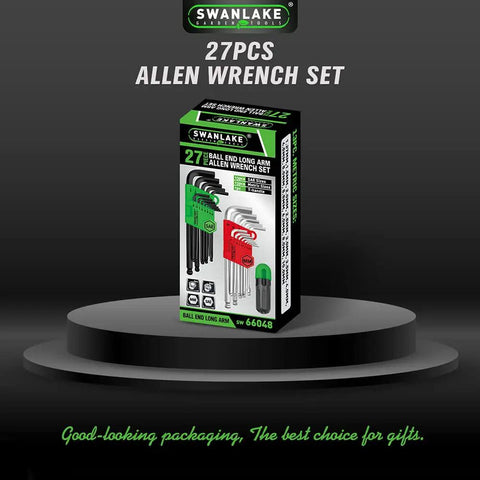 27 Piece Long Arm Allen Wrench Set With Ball End Hex Keys, Beefy T Handle Design box on display pedestal