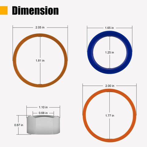 Replacement Skid Steer Hydraulic Cylinder Seal Kit For Bobcat 444 500 610 642 643 742 743 753 And More 2 Inch Bore One And A Quarter Inch Rod Heavy Duty OEM Replacement Seals dimensions.