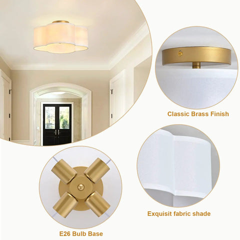 Four-Light Clover Drum Semi-Flush Ceiling Light With White Fabric Shade Close-To-Ceiling Fixture in hallway, showing brass finish and E26 bulb base.