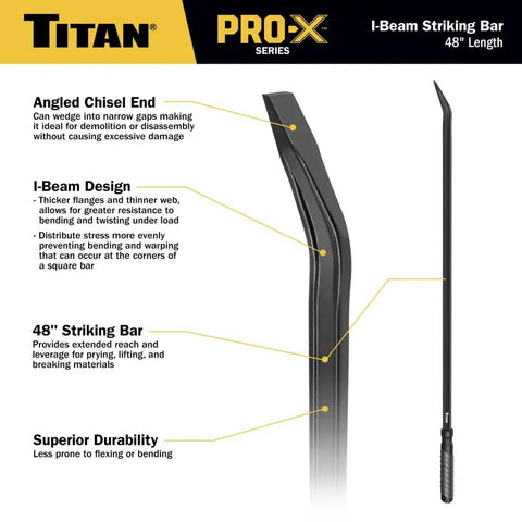 Diagram of Heavy Duty 48 Inch I Beam Striking Bar With Angled Chisel End And Reinforced Strike Cap Built From Fully Hardened High Carbon Steel