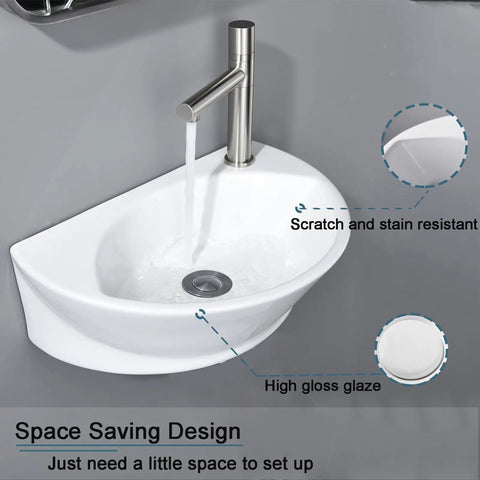 Small Wall Mount Porcelain Sink For Tiny Bathrooms And RVs, 16 Inch Long Corner Floating Basin, Space Saving Vanity Sink For Half Bath Powder Room, Easy Install, White Ceramic