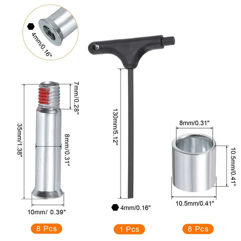 Must Have Inline Skate Axle Spacer Screw Replacement Kit With T Handle Wrench Includes 8 Axles And 8 Spacers For 8mm Roller Skates Pro Grade Repair Accessories For Smooth Glide And Quick Easy Fix, 8mm axle, spacer, and T-handle wrench set