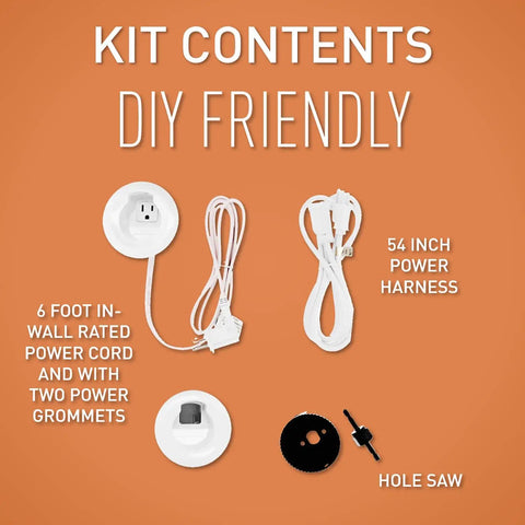 In Wall TV Power Outlet Kit White Complete Cable Grommet Set With Pre Wired Power Cord For Wall Mount System components including power grommets.