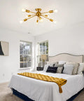 Bedroom with Gold Sputnik Ceiling Light Fixture Eight Arm Brass Chandelier Style Semi Flush Mount Mid Century Modern Lighting