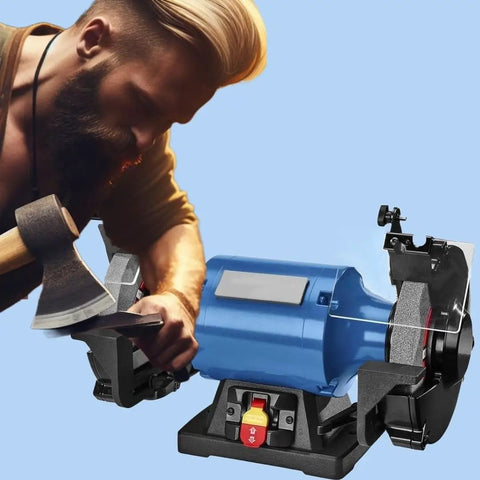 8 Inch Heavy Duty Bench Grinder Packed With A 1 HP Induction Motor And Sealed Bearings used for sharpening an axe.