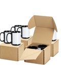 Eight Pack 15 Oz Sublimation Black Coffee Mugs With White Patch For Cricut Mug Press Ready To Rock for Personal Photos in open and closed boxes