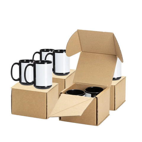 Eight Pack 15 Oz Sublimation Black Coffee Mugs With White Patch For Cricut Mug Press Ready To Rock for Personal Photos in open and closed boxes