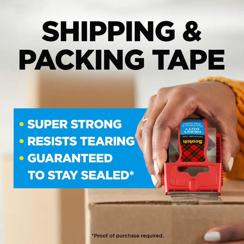 Heavy Duty Shipping Packing Tape Clear 1.88 Inch Wide 27.7 Yards Per Roll Split Resistant 2 Rolls With Dispensers Total 2000 Inches Ideal For Heavy Boxes Pallets And Moving Shipments That Sticks Like Crazy, tape dispenser sealing a box, text promoting strength and seal.