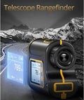 1500M Golf Rangefinder With Color Touch Screen And Slope Compensation Laser Distance Meter featuring a close-up view of the device displaying measurements.