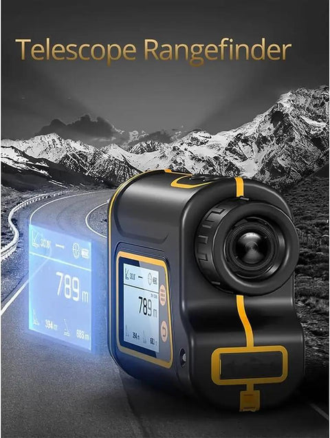 1500M Golf Rangefinder With Color Touch Screen And Slope Compensation Laser Distance Meter featuring a close-up view of the device displaying measurements.