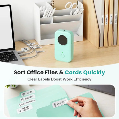 No Sweat Bluetooth Mini Label Maker With Compact Thermal Printer And Smooth App Connections for quick office file sorting.