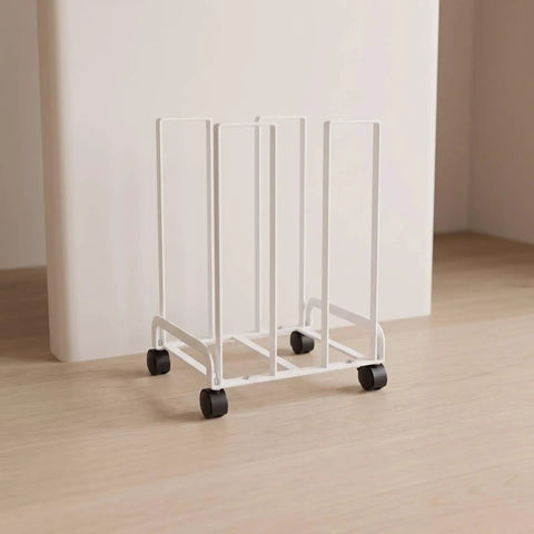 Game Changer Mobile Storage Cart And Roll Right Through Box Holder Rack Built With Slick Gliding Casters in white steel on casters.