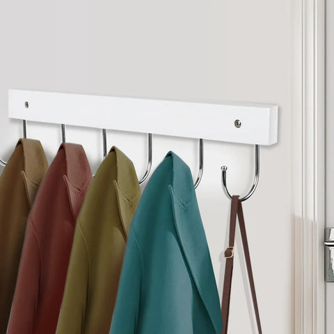 Two Pack Wall Mount Coat Rack With 12 Rotating 180 Degree Hooks 14.6 Inch Rustproof Wooden Entryway Organizer In White shown with coats