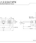 Technical diagram of 8-Inch Center Wall Mount Bathroom Faucet in Brushed Brass with dimensions and installation details.