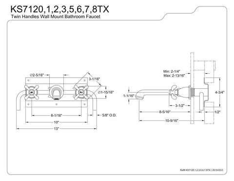 Technical diagram of 8-Inch Center Wall Mount Bathroom Faucet in Brushed Brass with dimensions and installation details.