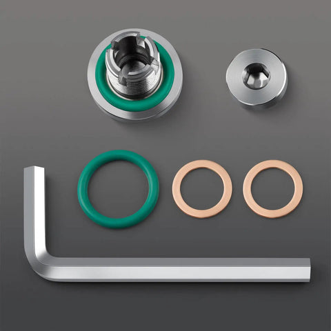 Oversize Piggyback Oil Drain Plug M12.1 X 1.75 X 15mm Stainless Self Tapping Thread Repair Kit parts including seals and tool.