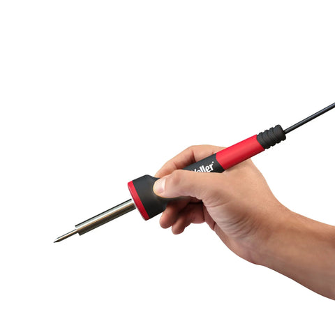 Hand holding 30W Soldering Iron With LED Halo Ring For Killer Precision, ergonomic pencil grip, quick tip change, close-up view