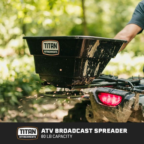 12 Volt ATV UTV Broadcast Spreader With Rain Cover 80 LB Capacity Front Or Back Mount on ATV in action