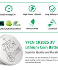 Rock Solid CR2025 Battery 3V Lithium Coin Cell Pack 10 Count With Kickin Power For Key Fobs Car Remotes Desktop Calculators And Home Electronics Boasting Legit Charge And Five Year Shelf Life showing battery features and details.