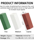 Front view: three SCOTTCHEN mini buffing compounds in green Fine, white Medium, red Coarse (3-pack)