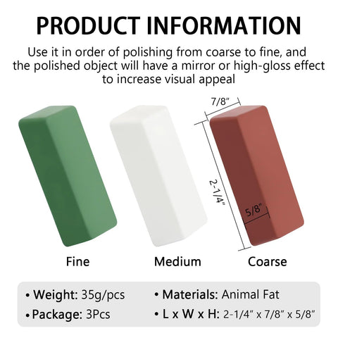 Front view: three SCOTTCHEN mini buffing compounds in green Fine, white Medium, red Coarse (3-pack)