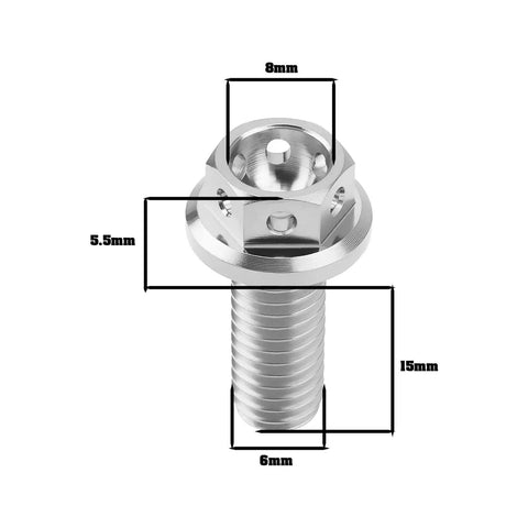 Two Pack M6x15mm Flanged Hex Head Bolts Titanium Fully Threaded Drilled Lock Wire Ready Silver Finish with measurements