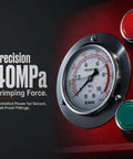 Pressure gauge showing 40MPa on Heavy Duty Hydraulic Hose Crimper 110V Machine With Eight Interchangeable Dies for auto AC lines.