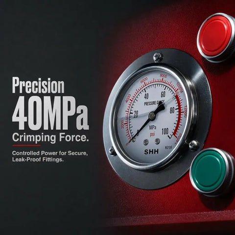 Pressure gauge showing 40MPa on Heavy Duty Hydraulic Hose Crimper 110V Machine With Eight Interchangeable Dies for auto AC lines.