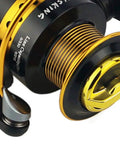 Close-up of a Saltwater Spinning Reel With Carry Bag For Travel Anti Corrosion Coating Heavy Duty 9Kg Drag, gold spool and handle.