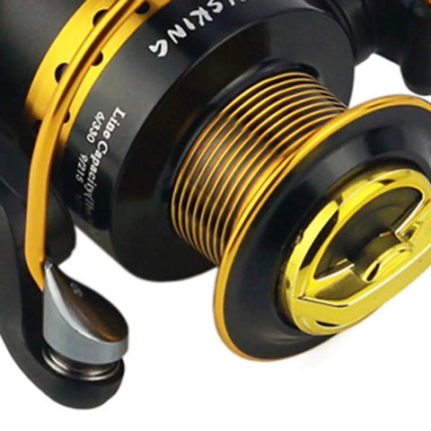 Close-up of a Saltwater Spinning Reel With Carry Bag For Travel Anti Corrosion Coating Heavy Duty 9Kg Drag, gold spool and handle.
