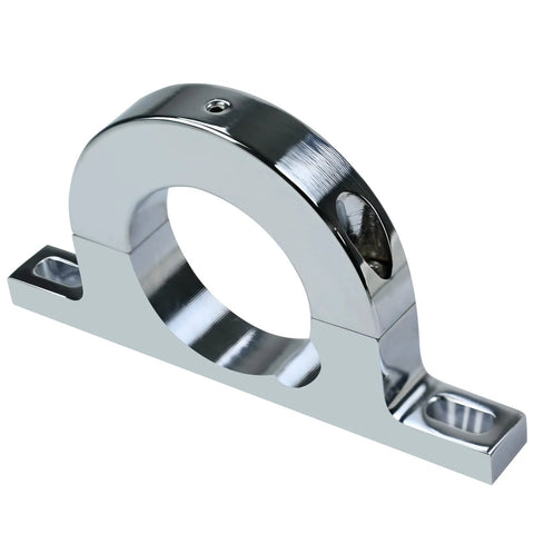 Front-angle view of polished aluminum 2-inch steering column mount with under-dash base clamp