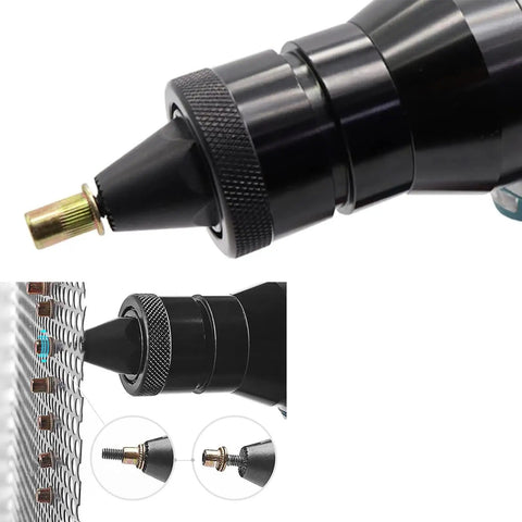 Close-up of the Beachtiful Cordless Rivet Nut Tool Electric Automatic Brushless Blind Rivet, showing the nozzle and rivet attachment.