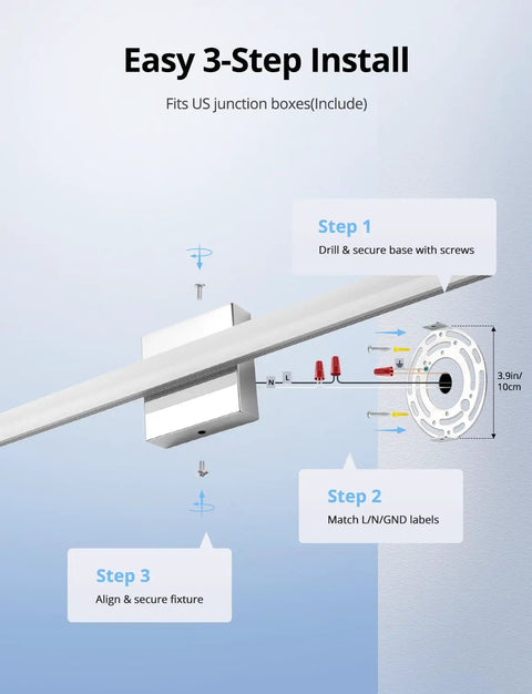 Installation diagram for 24 Inch Vanity Light Bar Over Mirror LED Daylight 6000K Chrome Bathroom Fixture For Makeup And Grooming.