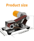 Mini Electric Belt Sander And Knife Sharpener Tool For DIY Enthusiasts compact desktop size with measuring details.