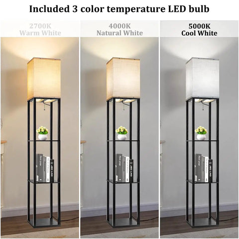 Cool Modern Floor Lamp With Shelves And Three Color LED Bulbs, Sturdy Wood Frame Floor Lamp For Living Room Bedroom And Office