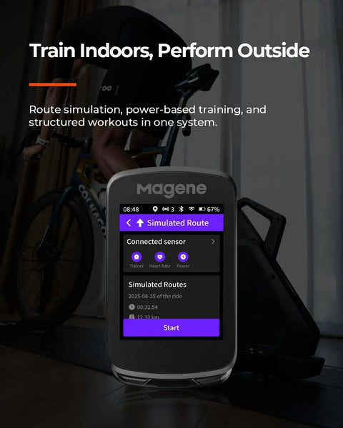 Indoor exercise setup with cycling computer displaying 2.8 Inch Color GPS Bike Computer With ClimbPro Multi-Scenario, Live Segments