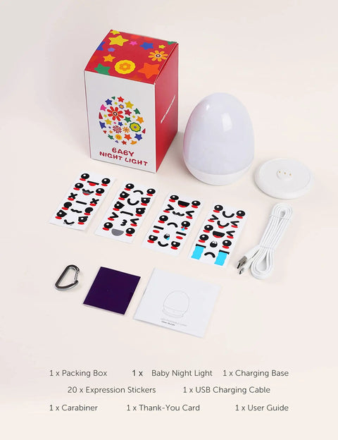 Kid Friendly Portable Egg Night Light With Stable Charging Pad Touch Control Nursery Lamp and accessories on display